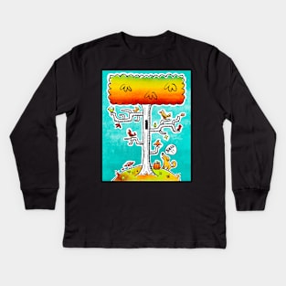 Dog Barking up Autumn Birch Tree with Birds Kids Long Sleeve T-Shirt